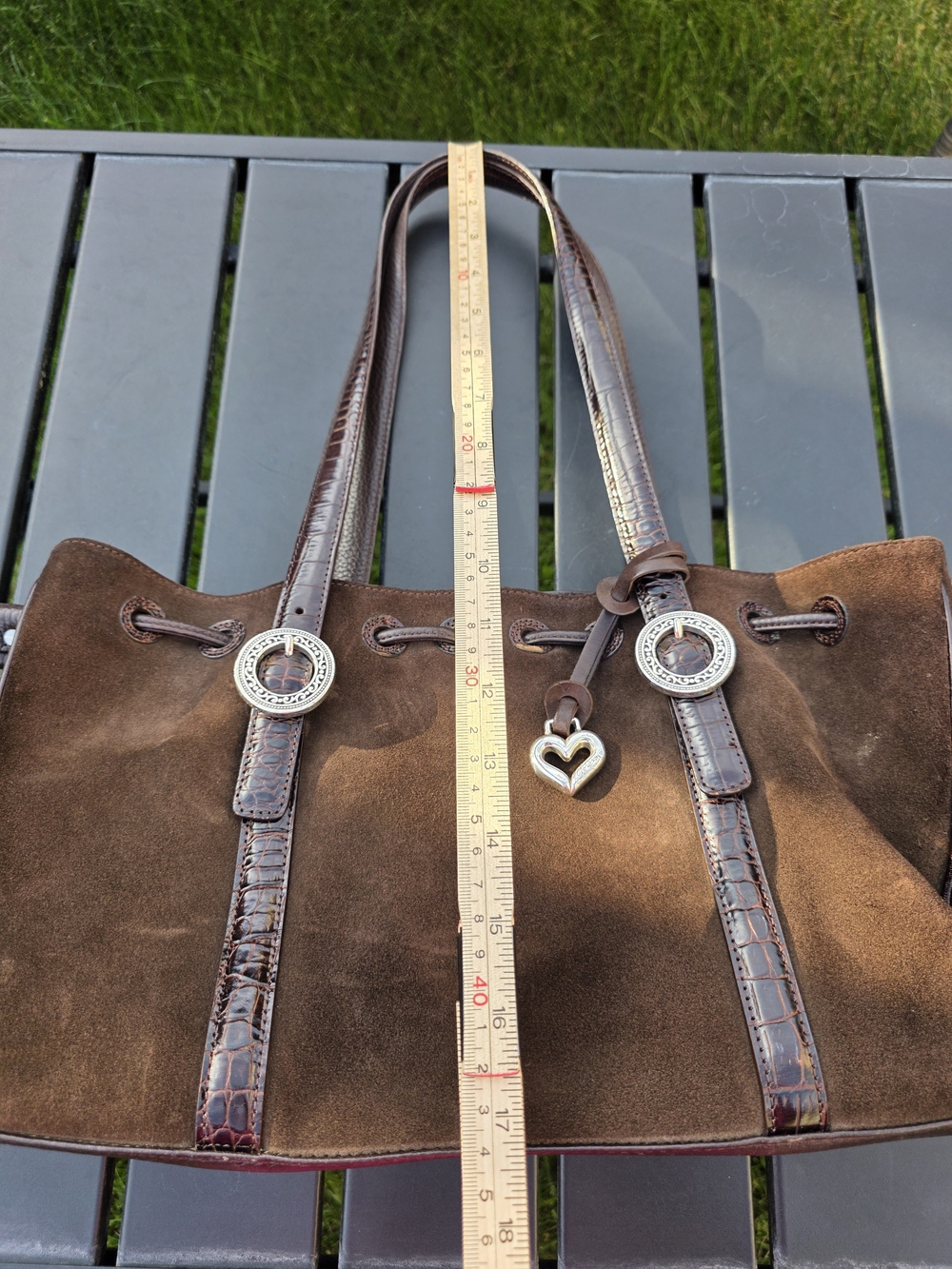 Brighton Brown Suede Shoulder Bag Croc Trim Silver Heart Charm Drawstring GUC - Picture 6 of 8